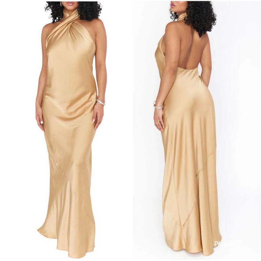 show me your mumu jasmine maxi halter dress true gold luxe satin women small